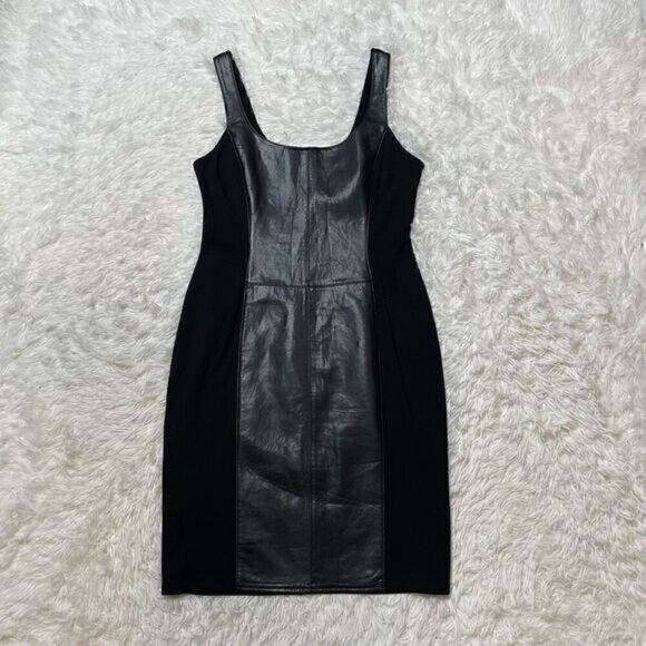 JOSEPH RIBKOFF Black Sleeveless Faux Leather Dress Mini Size 6 Stretch - Picture 1 of 6